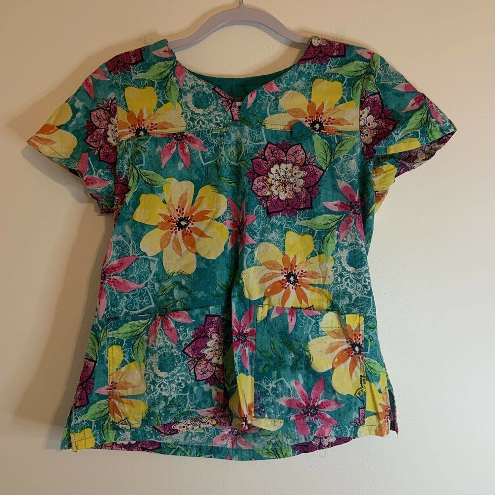 MC2 Multi-Color Floral Scrub Top Medical Uniform Medium